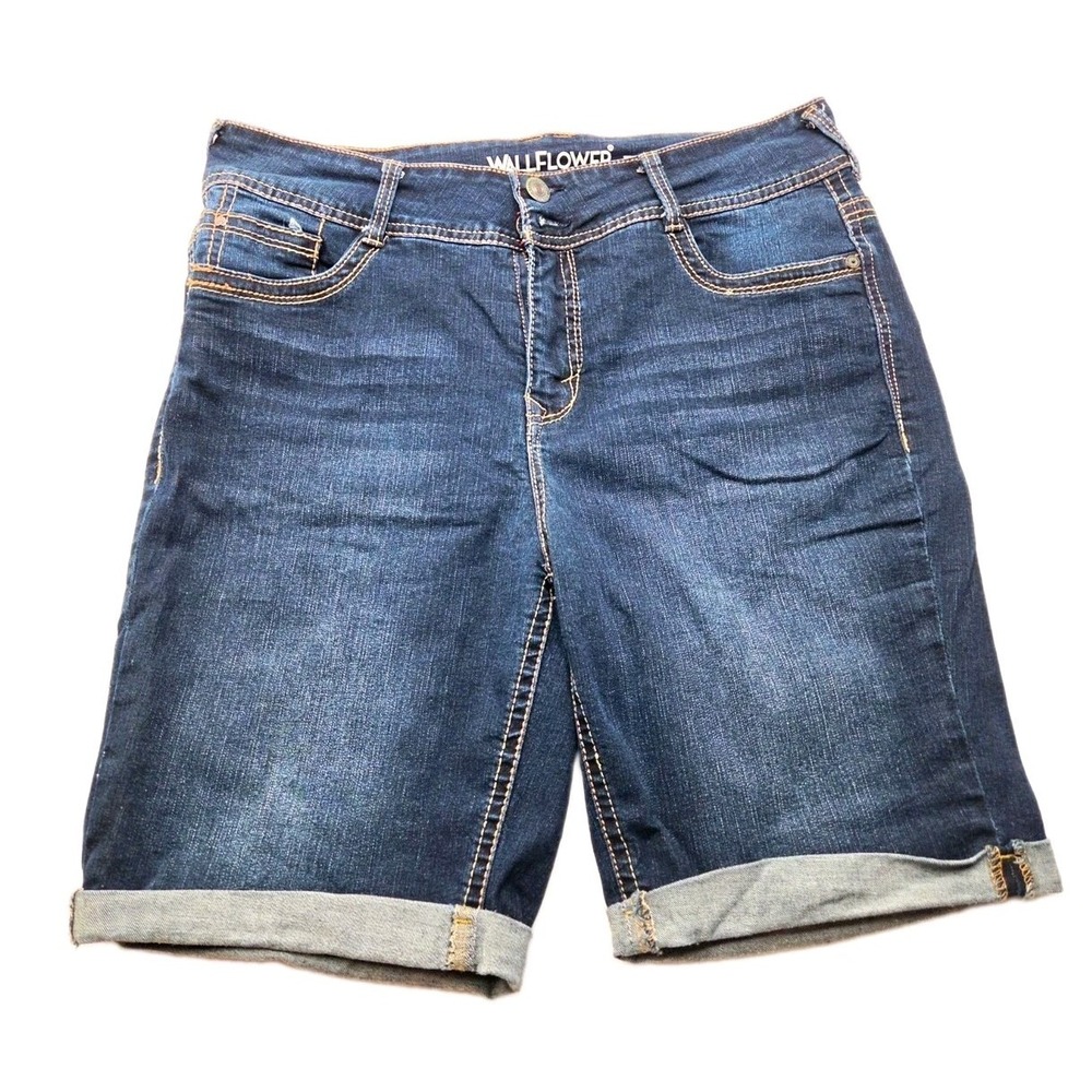 WallFlower Womens 14 Bermuda Jean Shorts Dark Wash Cuffed Stretch Denim WJ13196P